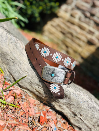 Hooey "Blue Diamond" Original Hooey Ladies Belt Brown/Ivory/Turquoise