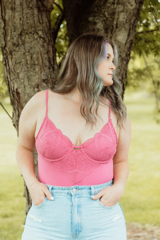 Bubblegum Lace and Ribbed Teddy Bodysuit