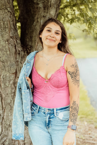 Bubblegum Lace and Ribbed Teddy Bodysuit