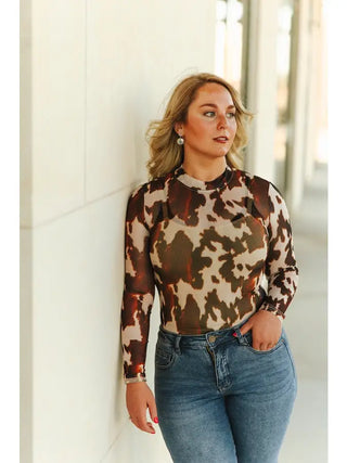 Brown Cow Mesh Printed Shirt