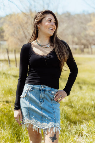 Stretch Denim Embellished Pearl Fringe Mini Skirt