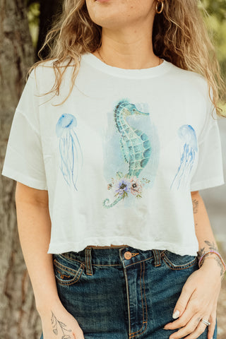 Watercolor Seahorse Cropped Graphic Tee