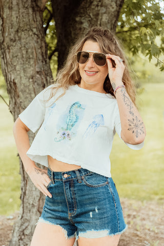 Watercolor Seahorse Cropped Graphic Tee