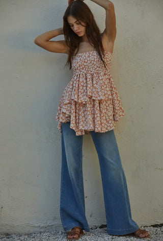 Cream & Coral Western Flow Top