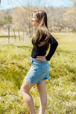 Stretch Denim Embellished Pearl Fringe Mini Skirt