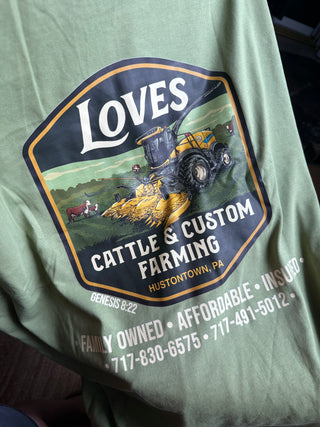 Loves Cattle & Custom Farming Tees (FRONT pocket)