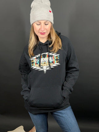 Rock N Roll Black Aztec Skull Graphic Hoodie