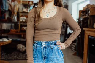 Scoop Neck Long Sleeve Sweater Knit Crop Top