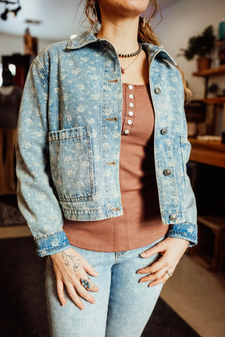 Floral Washed Denim Collard Button Down Jacket