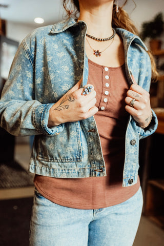 Floral Washed Denim Collard Button Down Jacket