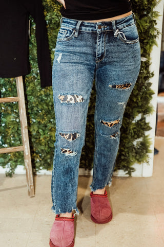 Mid Rise Slim Straight with Leopard Patch Work