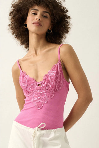 Bubblegum Lace and Ribbed Teddy Bodysuit