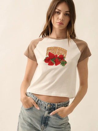 Strawberry Contrast Raglan Sleeve Graphic Tee