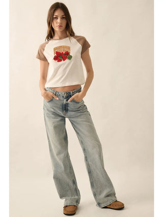 Strawberry Contrast Raglan Sleeve Graphic Tee