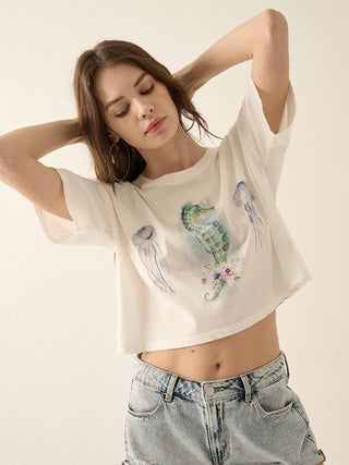 Watercolor Seahorse Cropped Graphic Tee