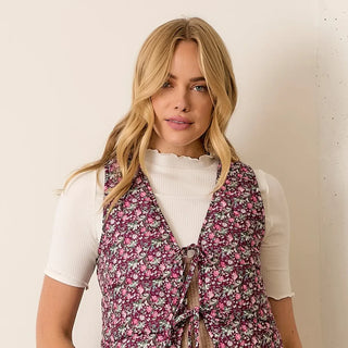 Floral Pattern Printed Vest With Front Tie