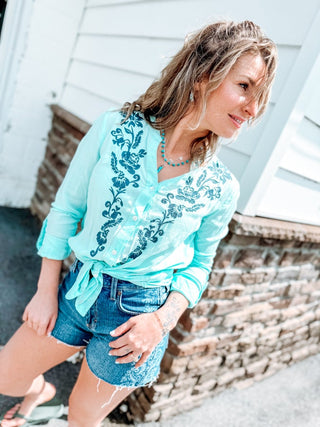 Roper Long Sleeve Solid Aqua Rayon Shirt