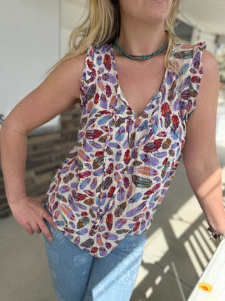 Rope Sleeveless Feather Toss Printed Shirt