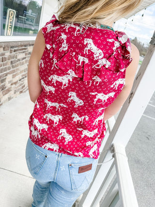 Roper Sleeveless Horse Print Rayon Blouse