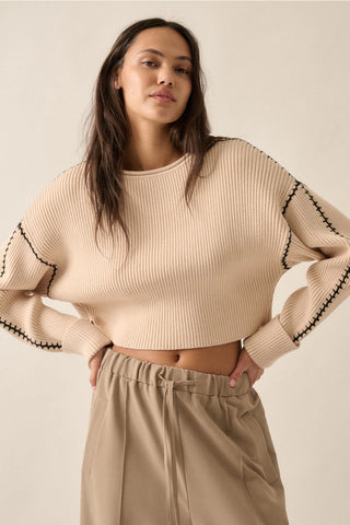 Solid Round Neck Rib Knit Stitch Seam Sweater