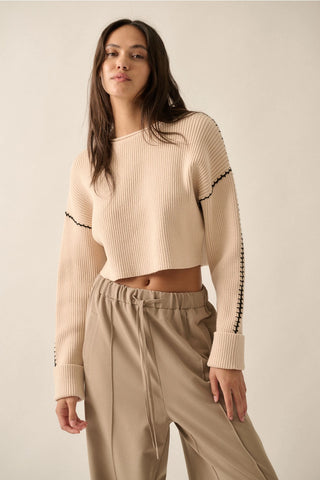 Solid Round Neck Rib Knit Stitch Seam Sweater
