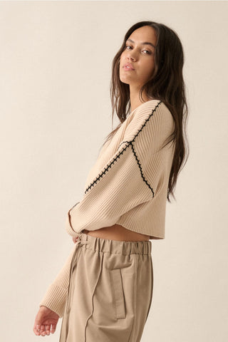 Solid Round Neck Rib Knit Stitch Seam Sweater