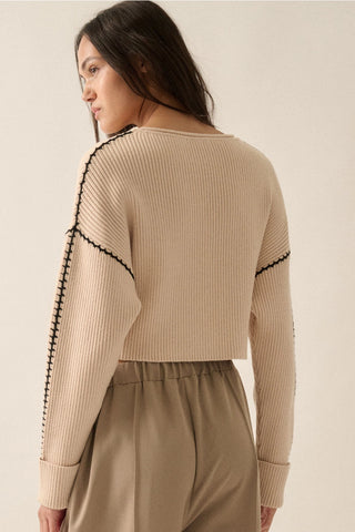 Solid Round Neck Rib Knit Stitch Seam Sweater