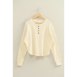 Mineral Washed Henley Waffle Raglan Sleeve Top