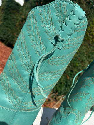 MYRA Bluebonnet Embroidered Western Leather Boots in Teal