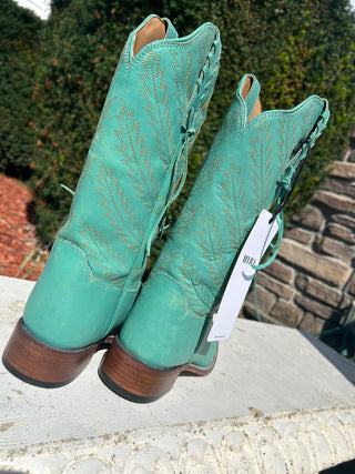 MYRA Bluebonnet Embroidered Western Leather Boots in Teal