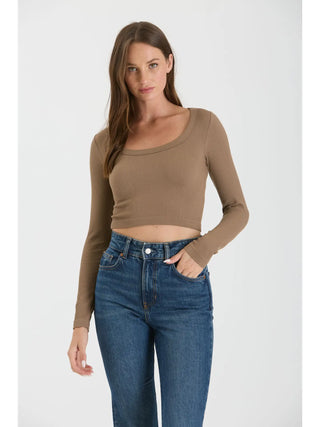 Scoop Neck Long Sleeve Sweater Knit Crop Top