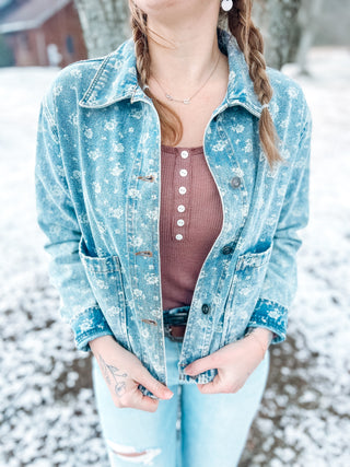 Floral Washed Denim Collard Button Down Jacket