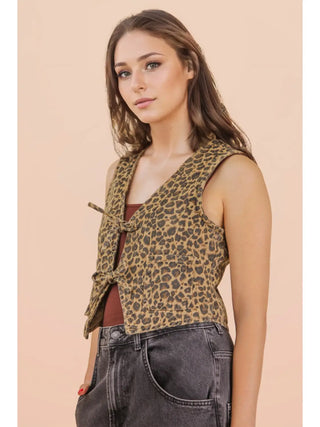 Leopard Denim Tie Vest
