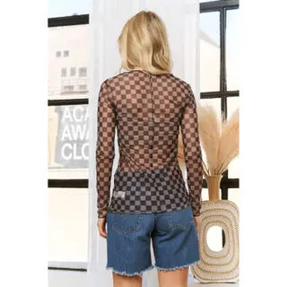 Checkered Long Sleeve Mesh Top