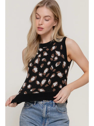 Sleeveless Round Neck Leopard Sweater Top