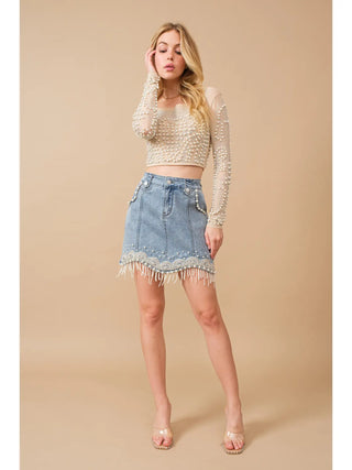 Stretch Denim Embellished Pearl Fringe Mini Skirt